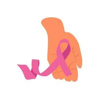 Woman holding pink breast cancer awareness ribbon vector