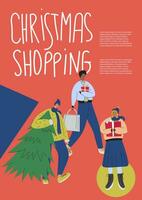 Christmas shopping poster template. Illustration with interracial people buy Christmas gifts. Man carries a Christmas tree. Cartoon characters with presents vector