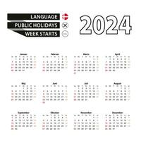 2024 calendar in Danish language, week starts from Sunday. vector