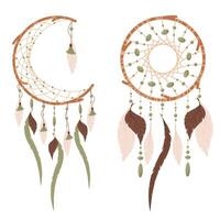 Set of vector illustrations of a dream catcher in boho style.