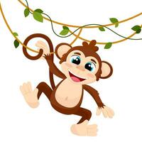 Vector illustration of a cute cartoon monkey on a liana. African and jungle animals. Children's print.