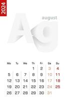 Minimalist calendar template for August 2024, vector calendar in English.