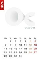 Minimalist calendar template for October 2024, vector calendar in English.