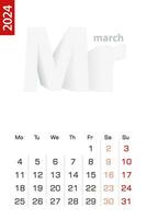 Minimalist calendar template for March 2024, vector calendar in English.