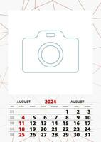 Wall calendar planner template for August 2024, week starts on sunday. vector