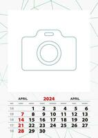 Wall calendar planner template for April 2024, week starts on sunday. vector