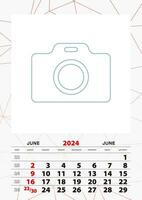 Wall calendar planner template for June 2024, week starts on sunday. vector