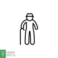 Old man icon. Simple outline style. Person with cane, stick, elder age, grandfather, senior people concept. Thin line symbol. Vector illustration isolated on white background. EPS 10.