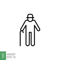 Old man icon. Simple outline style. Person with cane, stick, elder age, grandfather, senior people concept. Thin line symbol. Vector illustration isolated on white background. EPS 10.