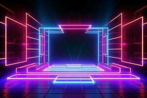 Abstract neon light geometric background. Glowing neon lines. Empty futuristic stage laser. Colorful rectangular laser lines. Square tunnel. Night club empty room. Laser show design. Generative AI. photo