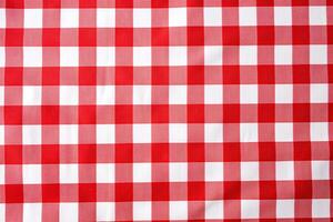 Red and white checkered tablecloth. Top view table cloth texture background. Red gingham pattern fabric. Picnic blanket texture. Red table cloth for Italian food menu. Square pattern. Generative AI. photo