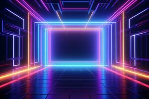 Abstract neon light geometric background. Glowing neon lines. Empty futuristic stage laser. Colorful rectangular laser lines. Square tunnel. Night club empty room. Laser show design. Generative AI. photo