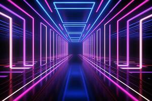 Neon light abstract background. Square tunnel or corridor violet neon glowing lights. Laser lines and LED technology create glow in dark room. Cyber club neon light stage room. Generative AI. photo