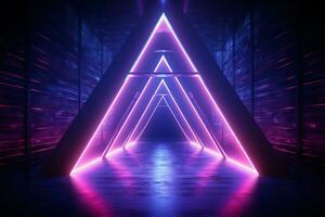 Neon light abstract background. Triangle tunnel or corridor violet neon glowing lights. Laser lines and LED technology create glow in dark room. Cyber club neon light stage room. Generative AI. photo