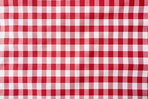 Red and white checkered tablecloth. Top view table cloth texture background. Red gingham pattern fabric. Picnic blanket texture. Red table cloth for Italian food menu. Square pattern. Generative AI. photo