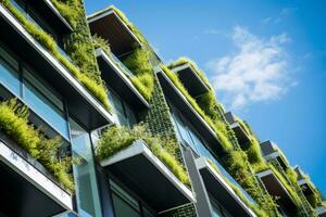 Sustainable green building in modern city. Green architecture. Eco-friendly building. Sustainable residential building with vertical garden reduce CO2. Apartment with green environment. Generative AI. photo