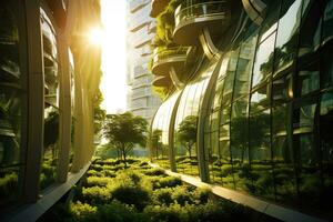 Eco-friendly building in the modern city. Sustainable glass office building with tree for reducing carbon dioxide. Office building with green environment. Corporate building reduce CO2. Generative AI photo