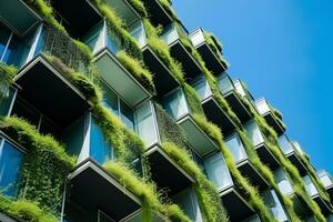 Sustainable green building in modern city. Green architecture. Eco-friendly building. Sustainable residential building with vertical garden reduce CO2. Apartment with green environment. Generative AI. photo