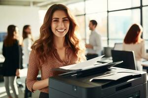 Office worker prints paper on multifunction laser printer. Document and paperwork concept. Secretary work. Smiling woman working in business office. Copy, print, scan, and fax machine. Generative AI. photo