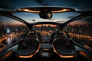 Air taxi and city view at night. Air vehicle. Personal air transport. Autonomous aerial taxi. Flying car. Urban aviation. Futuristic technology. Electric VTOL passenger aircraft. Generative AI. photo