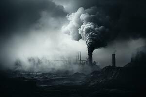 Industrial factory tall smokestacks released smoky emissions from smoke pipes. CO2 greenhouse gas, deteriorating air quality, air pollution, and climate change. Carbon dioxide gas. Generative AI. photo