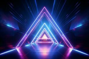 Neon light abstract background. Triangle tunnel or corridor violet neon glowing lights. Laser lines and LED technology create glow in dark room. Cyber club neon light stage room. Generative AI. photo