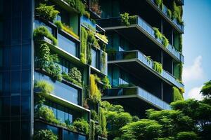 Sustainable green building in modern city. Green architecture. Eco-friendly building. Sustainable residential building with vertical garden reduce CO2. Apartment with green environment. Generative AI. photo