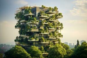 Sustainable green building in modern city. Green architecture. Eco-friendly building. Sustainable residential building with vertical garden reduce CO2. Apartment with green environment. Generative AI. photo