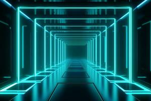 Neon light abstract background. Rectangle tunnel or corridor green blue neon glowing lights. Laser lines and LED technology create glow in dark room. Cyber club neon light stage room. Generative AI. photo
