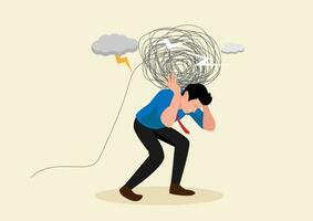 Stress burden, anxiety from work difficulty and overload, problem in economic crisis or pressure from too much responsibility concept, tried exhausted businessman carrying heavy messy line on his back vector