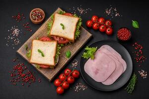 Delicious sandwich with toast, ham, tomatoes, cheese and lettuce photo