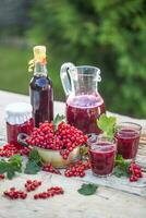 A selection of redcurrant products - marmalade jam syrup must and red vine on table in garden photo