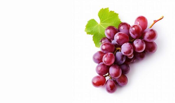 Bunch of lighter red grapes with a leaf on an isolated white background. Generative AI photo