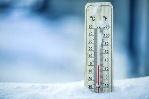 Thermometer on snow shows low temperatures - zero. Low temperatures in degrees Celsius and fahrenheit. Cold winter weather - zero celsius thirtytwo farenheit. photo