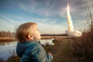 Child rocket sky launch. Generate Ai photo