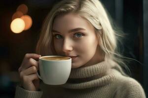 Girl drinking cappucino. Generate Ai photo