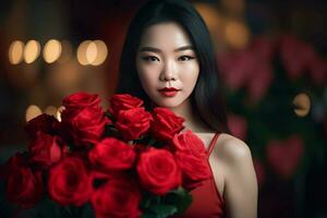 chino mujer rojo. generar ai foto