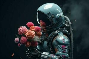 Astronaut flowers robot. Generate Ai photo