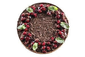 Chocolate cherry cake decorated with mint leaves on an isolated white background photo