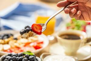 Healthy breakfast on spoon muesli blueberry yogurt and strawberry on fork photo