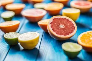 naranjas limeta limón y pomelo en azul mesa. foto