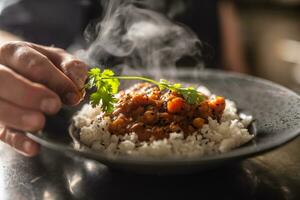 Chef decorating vegetarian curry with greens, served over rice on a rustic plate photo