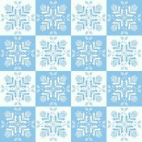 Blue-white colorful geometric floral checkered pattern. Geometric floral seamless pattern pixel art style. Floral stitch checkered pattern use for home decoration elements, upholstery, etc. vector