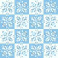 Blue-white colorful geometric floral checkered pattern. Geometric floral seamless pattern pixel art style. Floral stitch checkered pattern use for home decoration elements, upholstery, etc. vector