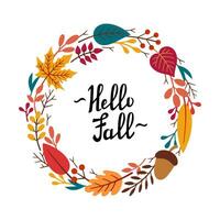 Autumn decorative round frame, template with autumn elements - leaves, twigs, acorn, berries and lettering HELLO FALL. Vector hand drawn illustration in Doodle style.