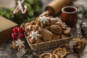 Gingerbread christmas cookies on kitchen table - Close-up photo