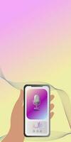 Media player app. Hand holding modern phone playing audio, radio, podcast, online training. Template for social media, stories. Vertical background. Flat style vector illustration.