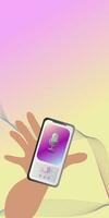 Hand holds phone with record podcast on screen. hand throws the phone to show the screen of smartphone or app. Background for banner, social media, advertising of podcast or radio. Vector illustration