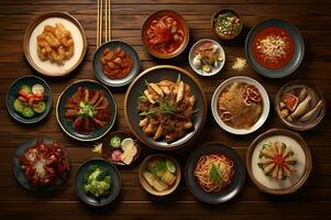 asiático tradicional platos en de madera mesa foto