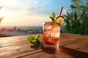 Fresh Cocktail Summer Drink on Wooden Table photo